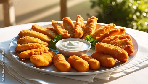 This irresistible plate of crispy, golden chicken strips and tender chicken nuggets is a feast for the eyes and the taste buds. Each chicken strip is coated in a crunchy, flavorful batter.