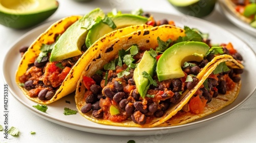 Tacos with Black Beans and Avocado Slices on Plate