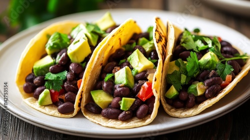 Tacos with Black Beans and Avocado Slices on Plate