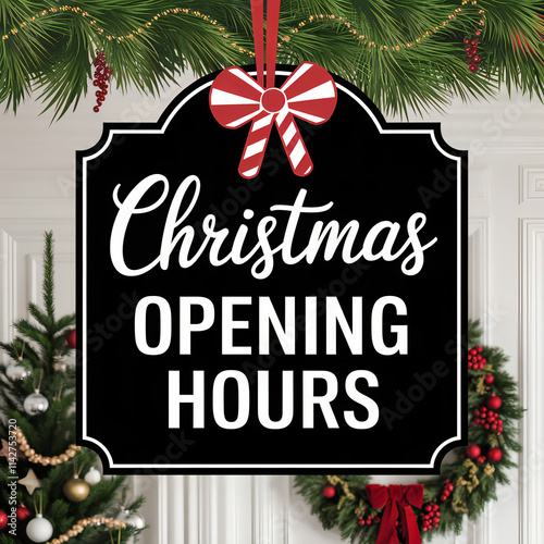 Christmas Opening Hours Sign with Festive Decorations, Wreath, Candy Cane, and Warm Lights for Holiday Business