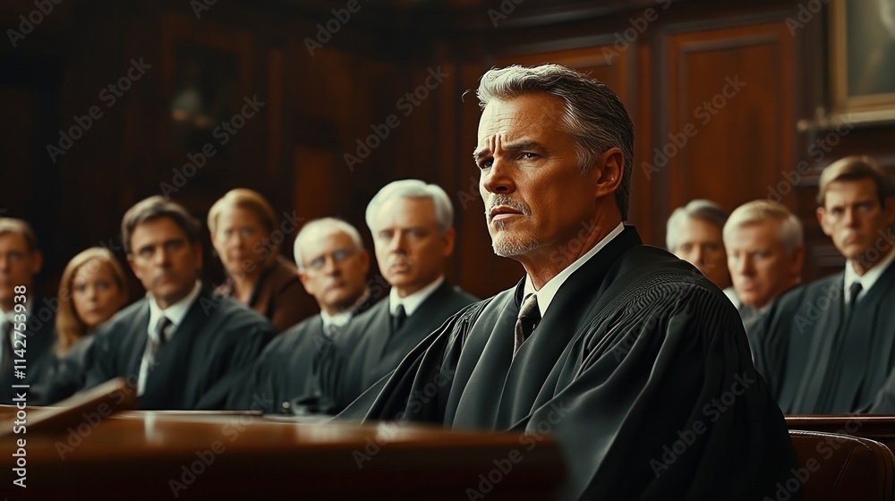 Courtroom drama unfolds as a lawyer passionately defends a client before attentive jurors and a focused judge