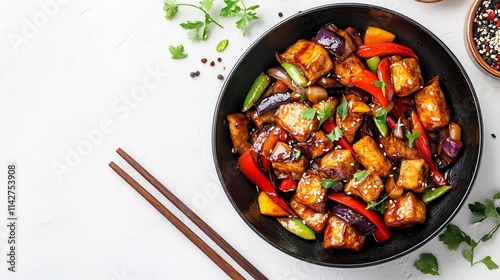 Vibrant Stir Fry in Black Wok with Chopsticks