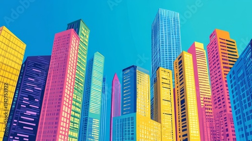 A vibrant city, background skyline depicted in bright colors, showcasing modern architecture and urban life. photo