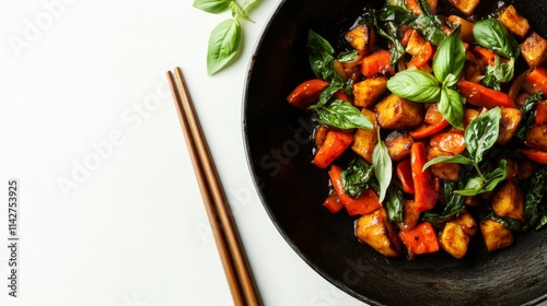 Vibrant Stir Fry in Black Wok with Fresh Ingredients