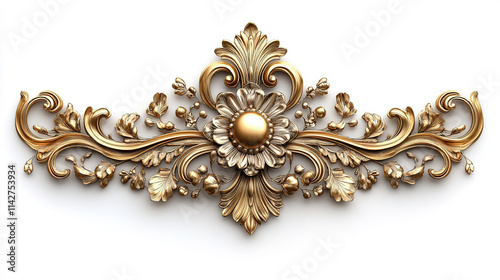 Decoratively crafted golden floral ornament displayed on a white background showcases intricate design and craftsmanship features