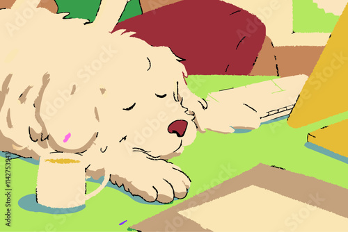 Sleeping Puppy with Hues of Green in a Cozy Home Environment