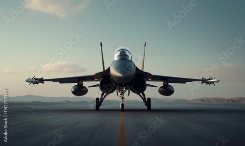 Fighter jets launch for strategic mission at military airbase in clear skies photo