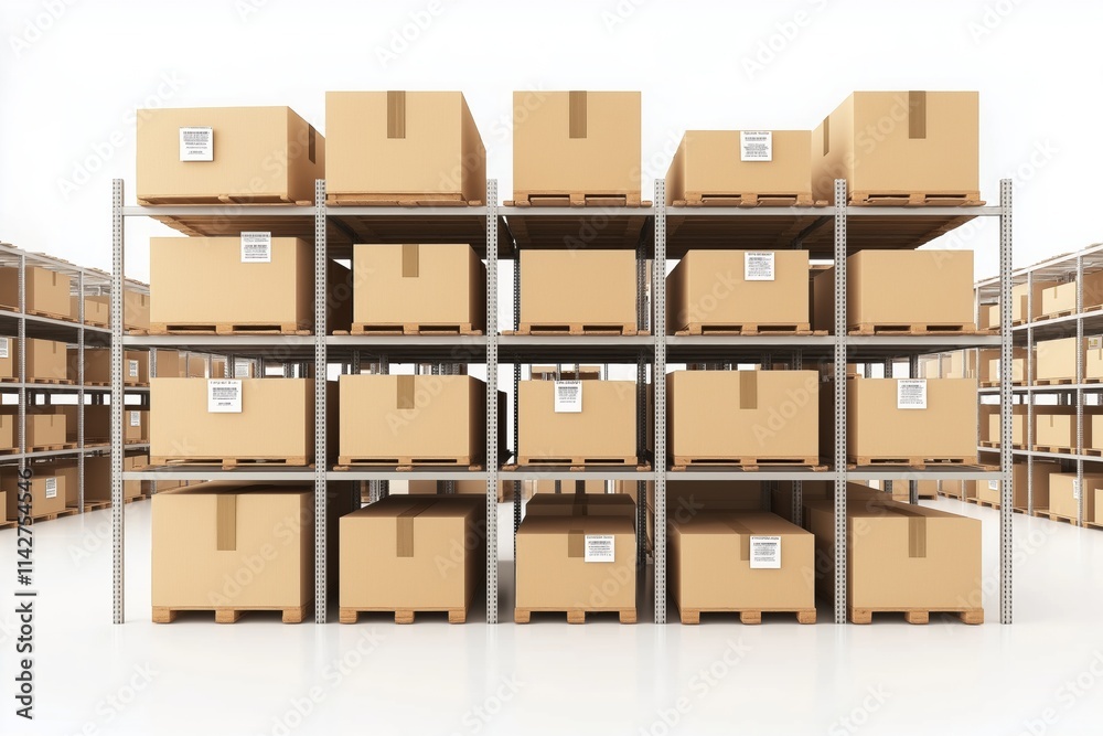 A large warehouse with many boxes stacked on shelves. The boxes are labeled with numbers and letters. The warehouse is very organized and efficient A large warehouse with many boxes stacked on shelves. The boxes are labeled with numbers and letters. The warehouse is very organized and efficient