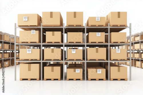 A large warehouse with many boxes stacked on shelves. The boxes are labeled with numbers and letters. The warehouse is very organized and efficient photo