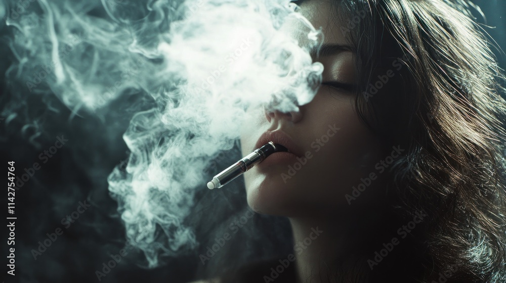 Fototapeta premium A woman exhales smoke from a vape, creating a moody and atmospheric portrait.