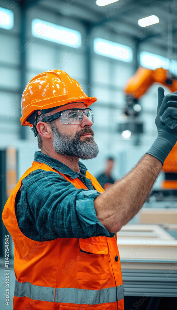 focused engineer in orange safety vest and hard hat oversees operations in modern industrial setting, ensuring safety and efficiency during manufacturing process focused engineer in orange safety vest and hard hat oversees operations in modern industrial setting, ensuring safety and efficiency during manufacturing process