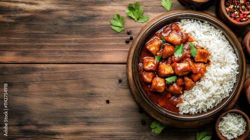 Curry and Basmati Rice on Rustic Wooden Surface