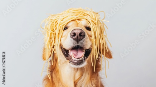 Smiling dog with spaghetti on its head against a light background, presenting naughty and playful dog.
