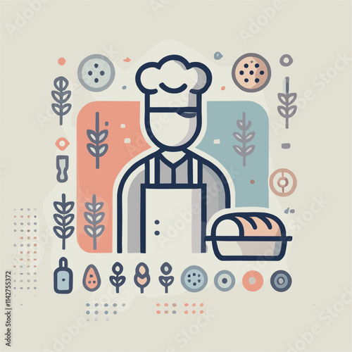 Cheerful Baker Icon with Fresh Bread and Wheat Elements in Pastel Colors
