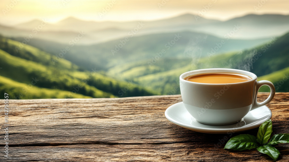 serene cup of coffee sits on wooden table, overlooking breathtaking mountain landscape. steam rises gently, creating peaceful atmosphere serene cup of coffee sits on wooden table, overlooking breathtaking mountain landscape. steam rises gently, creating peaceful atmosphere