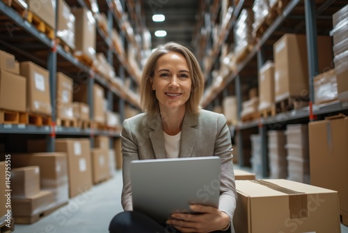 A woman is sitting on the floor in a warehouse with a laptop in her hand. She is smiling and she is enjoying her time