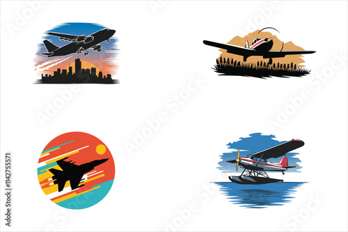 Set of Airplane gaining altitude between clouds. Travel and vacation time. Vector illustration in a minimalistic style