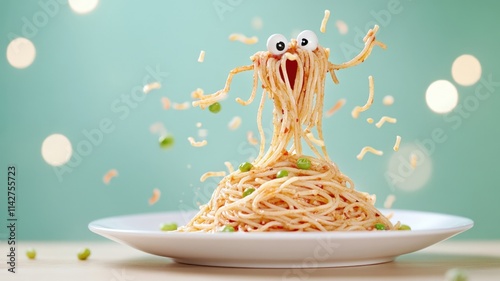 Playful spaghetti monster with googly eyes on a plate. photo