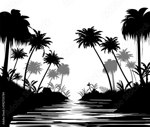 River in forest. Image of black silhouette isolated on white background. Vector tropical landscape. Plants in jungle. Southern thickets. Tall palm trees.