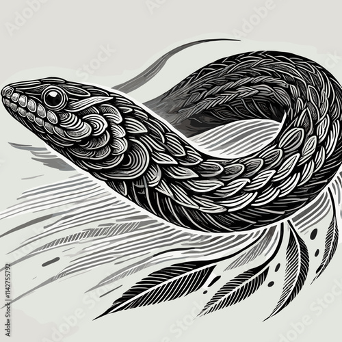 Intricate Woodblock-Style Sea Serpent Illustration with Wave Patterns in Black and White