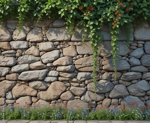 Weathered stone wall with ivy and wildflowers, rural, outdoors