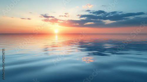 serene sunset over calm ocean, featuring vibrant pink and blue hues reflecting on water surface, creating peaceful atmosphere