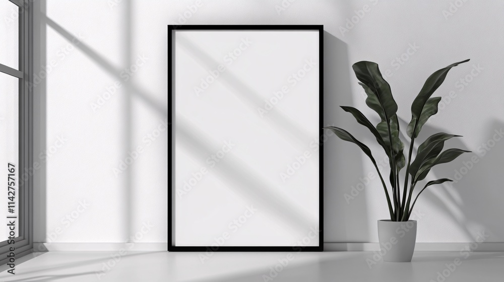 A minimalist interior featuring an empty frame and a potted plant, creating a serene and modern atmosphere. A minimalist interior featuring an empty frame and a potted plant, creating a serene and modern atmosphere.