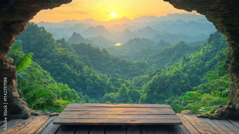serene sunset view over lush green forest from rustic wooden table. vibrant colors of sky reflect on landscape, creating peaceful atmosphere serene sunset view over lush green forest from rustic wooden table. vibrant colors of sky reflect on landscape, creating peaceful atmosphere