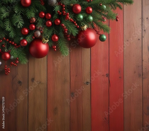 Vertical stripes of red and green on a festive Christmas background decorated with pine branches and Christmas ornaments, Holiday patterns, ornaments, festive colors