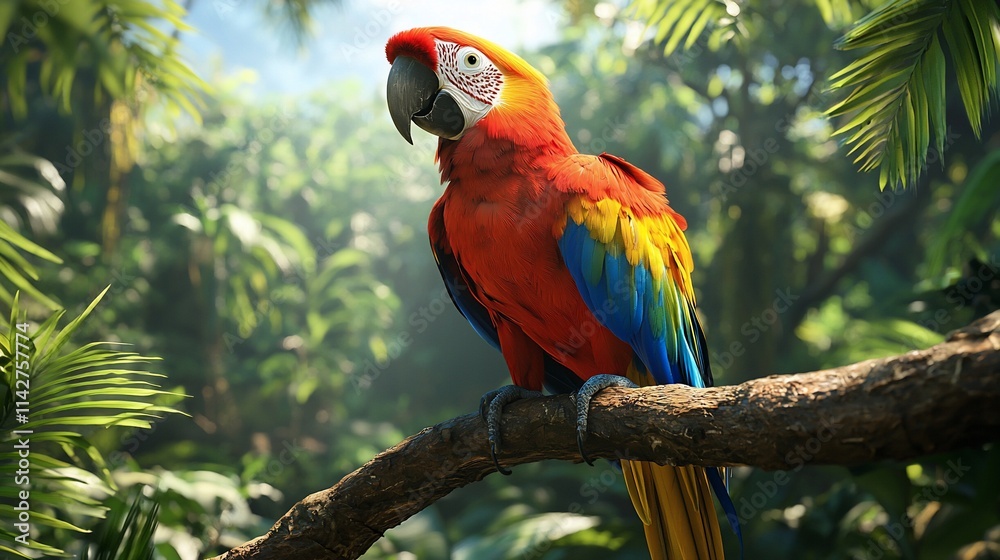 Obraz premium Scarlet macaw perched on branch in lush rainforest. (1)