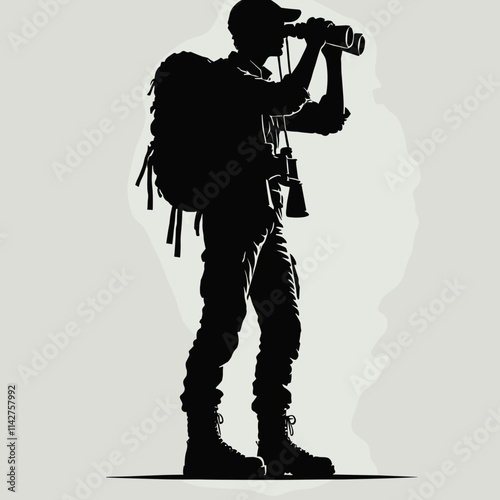 Observant hiker with binoculars in bold silhouette style against neutral background