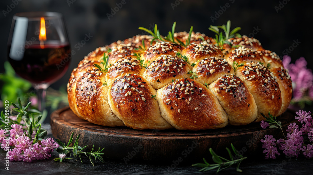 Freshly baked challah bread adorned with sesame seeds, accompanied by glass of red wine and surrounded by vibrant flowers, creating warm and inviting atmosphere Freshly baked challah bread adorned with sesame seeds, accompanied by glass of red wine and surrounded by vibrant flowers, creating warm and inviting atmosphere