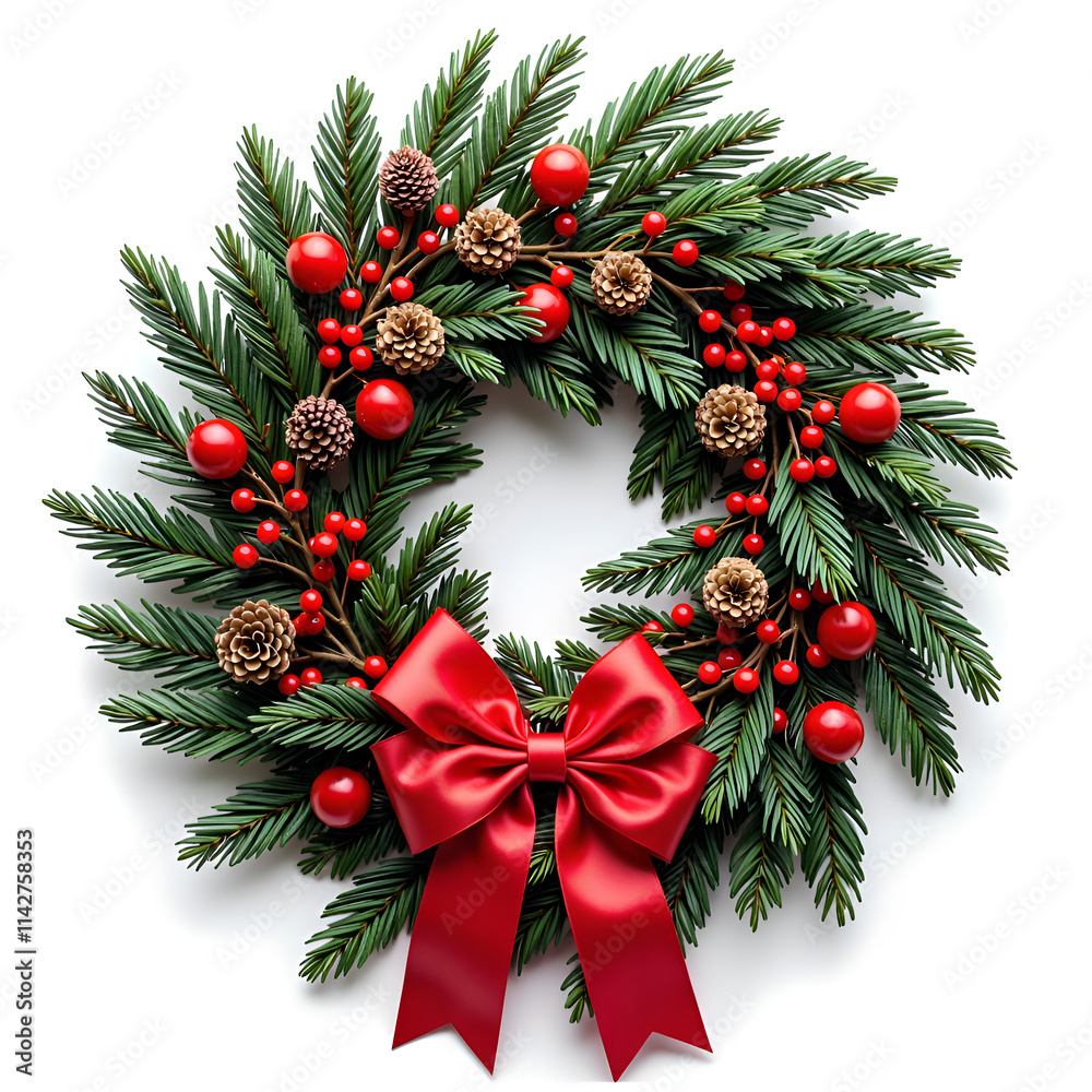 Festive christmas wreath with red berries and a bow for holiday decor inspiration, photography of still life concept. Festive christmas wreath with red berries and a bow for holiday decor inspiration, photography of still life concept.