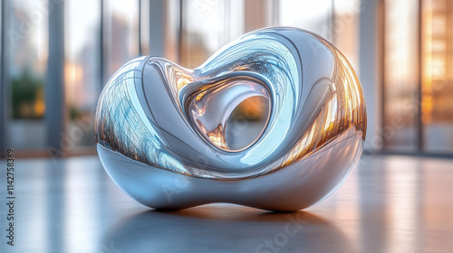 shiny and polished chrome sculpture with reflective surface, showcasing modern design and elegance in bright, contemporary space. interplay of light creates captivating visual effect