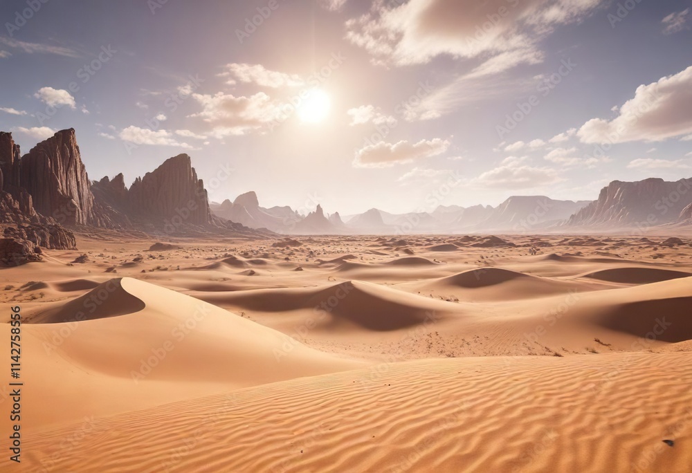 Naklejka premium Panoramic view of a vast desert landscape with sandy dunes and majestic rock formations, vastness, rocks, wide-angle