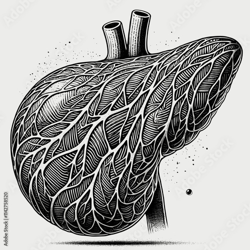 Anatomical liver illustration in detailed woodblock print style for medical study