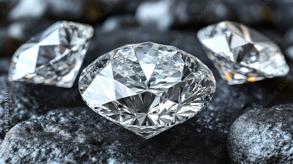 Shiny diamonds sparkling on textured grey surface, showcasing their brilliance and clarity. arrangement highlights elegance and luxury of these precious gems Shiny diamonds sparkling on textured grey surface, showcasing their brilliance and clarity. arrangement highlights elegance and luxury of these precious gems