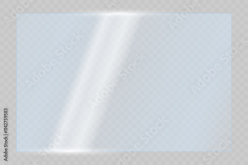 The texture of rectangle glass with blue tint with glare from sunlight. Light effect for a picture, frame or a window. Realistic reflection on a transparent glass. 