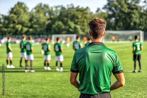Young male soccer coach observing team practice on a sunny day.