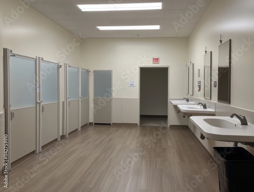 Clean and Modern Restroom Facilities Featuring Multiple Stalls and Contemporarily Designed Fixtures for Public or Private Use in Commercial Spaces photo