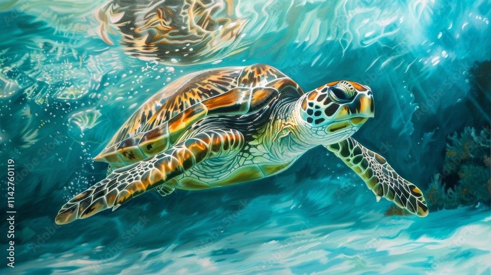 Fototapeta premium Sea turtle gracefully swimming in crystal clear tropical ocean waters, underwater marine wildlife scene in vibrant coral reef habitat, perfect for ocean conservation and nature themes