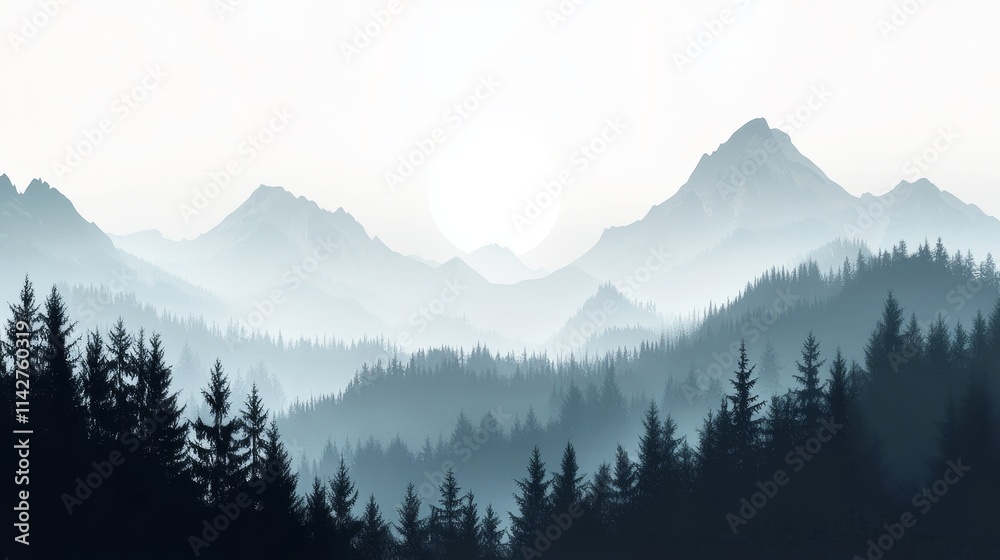 A serene mountain landscape with mist and silhouettes of trees, evoking tranquility. A serene mountain landscape with mist and silhouettes of trees, evoking tranquility.