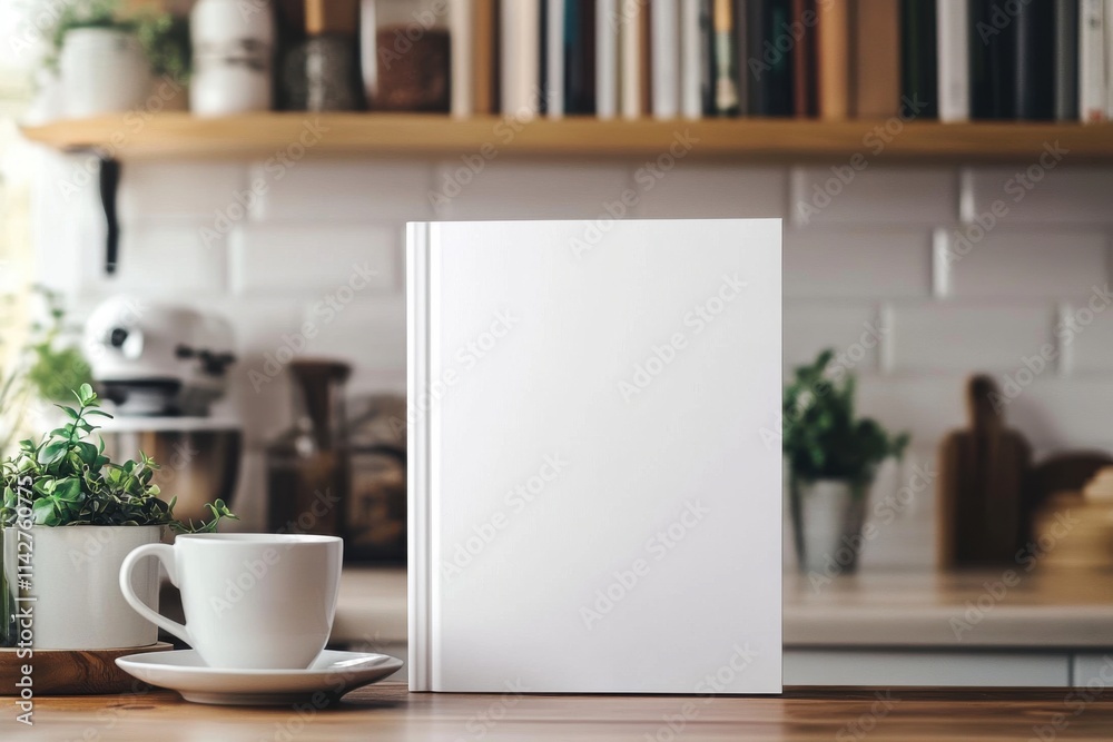 Blank hardcover book mockup on a wooden kitchen counter with coffee cup, plants, and blurred kitchen background. Perfect for showcasing cookbook designs, recipe branding, and culinary presentations Blank hardcover book mockup on a wooden kitchen counter with coffee cup, plants, and blurred kitchen background. Perfect for showcasing cookbook designs, recipe branding, and culinary presentations