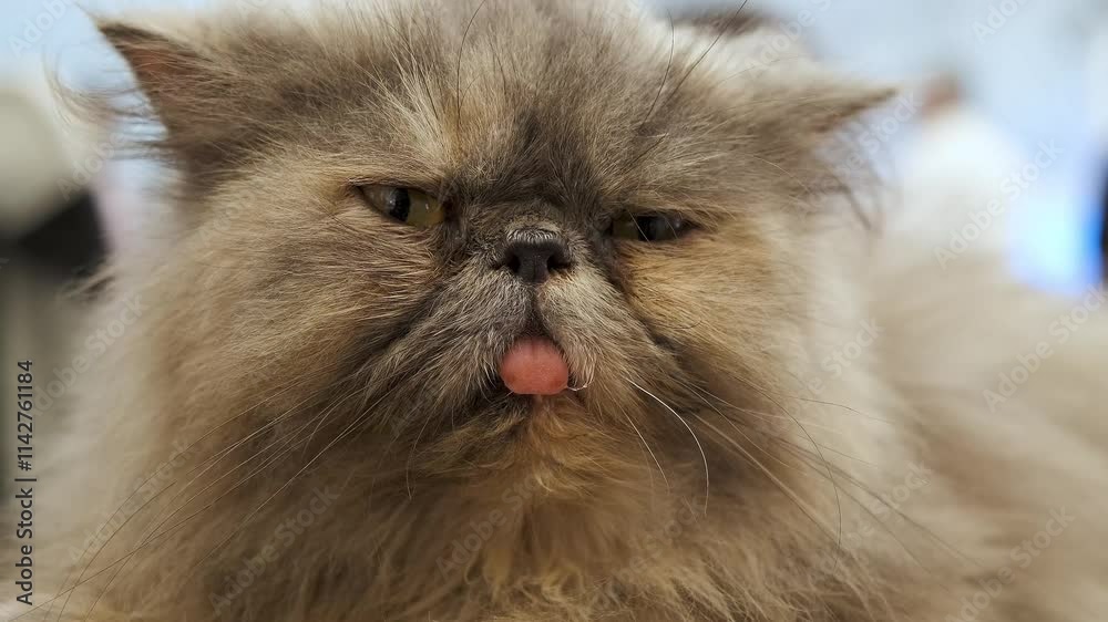 Ragg doll flat faced white cat with curled tongue falling asleep. fluffy cat persian breed. Ragg doll flat faced white cat with curled tongue falling asleep. fluffy cat persian breed.
