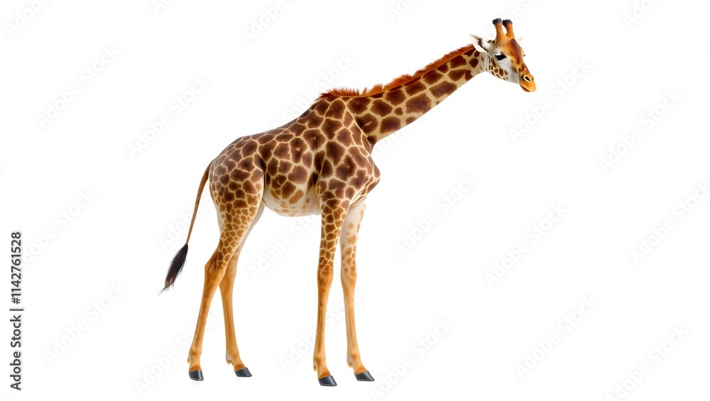 Fototapeta premium tall giraffe standing gracefully on a plain white background, perfect for wildlife-themed stock content, nature photography, and African savanna imagery 