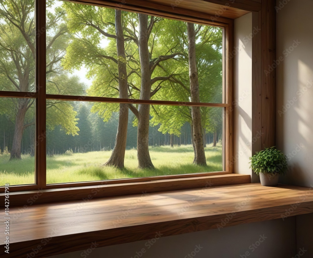 Obraz premium Relaxing wooden counter under a window with a view of trees, calming atmosphere, outdoor view, cabin life, peaceful retreat, balcony decor