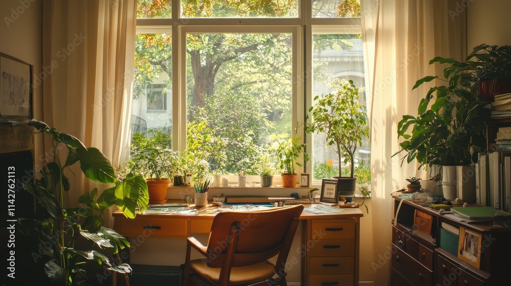 Fototapeta premium Cozy home office with plants and natural light during the afternoon in a residential neighborhood