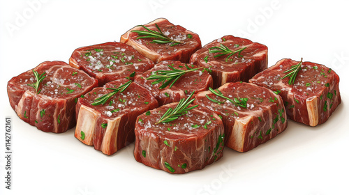 Fresh beef steaks garnished with herbs and sea salt, arranged neatly. Perfect for grilling or cooking, these tender cuts are ideal for meat lovers