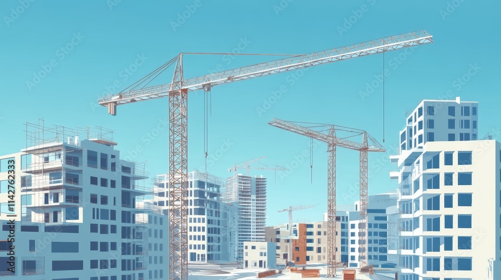 Construction scene with cranes and buildings under development against a clear blue sky. Construction scene with cranes and buildings under development against a clear blue sky.