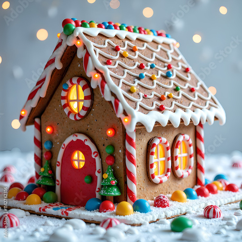 Charming gingerbread house decorated with colorful candies and lights for a festive winter atmosphere, photography of still life concept. photo